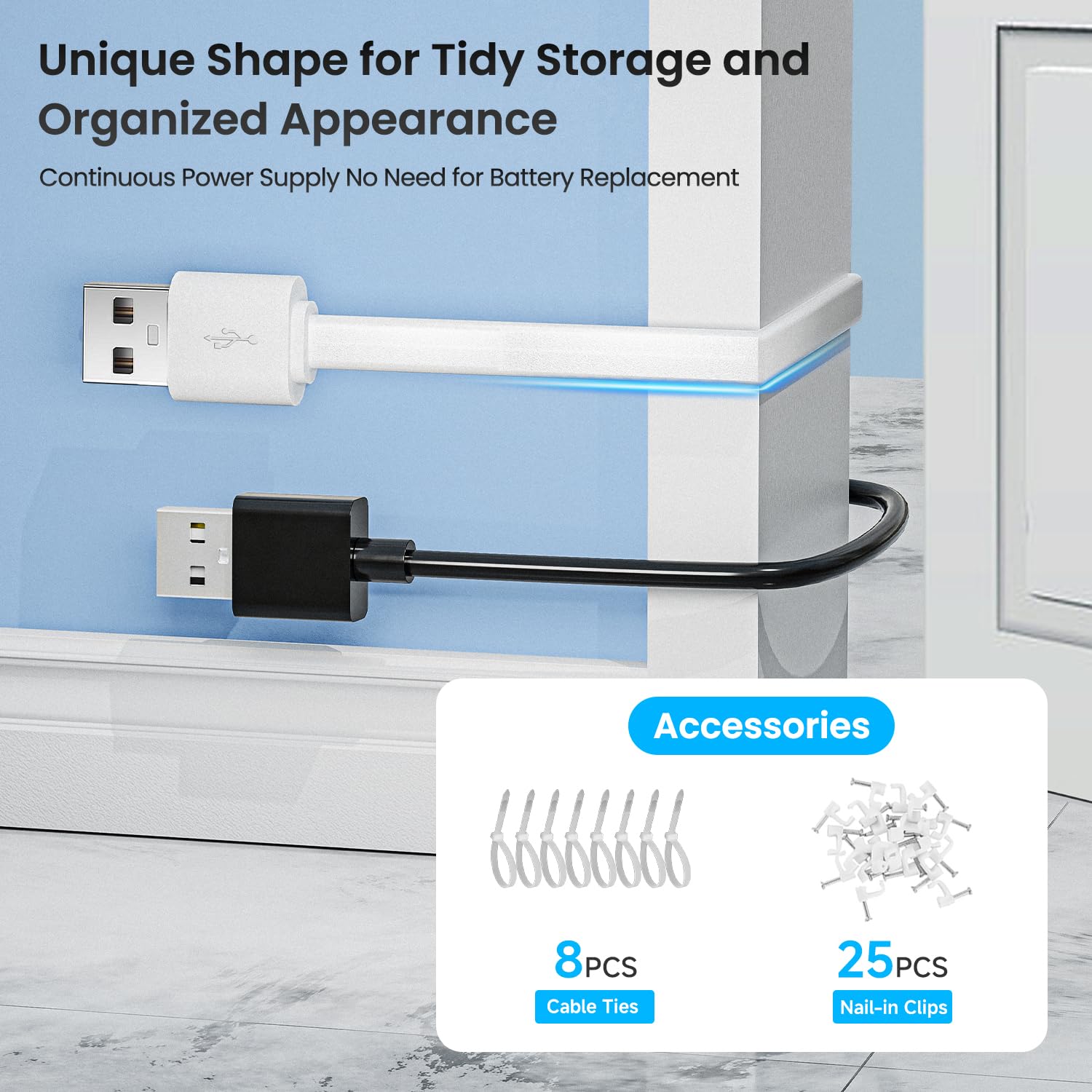 Photo 1 of 10FT/3M Flat USB C Cable, Extra Long USB A to USBC Charging Power Extension Cord for Home Security Cameras, Phones, Tablets, Gaming Controller and More USB C Devices, Support Data Transfer-White