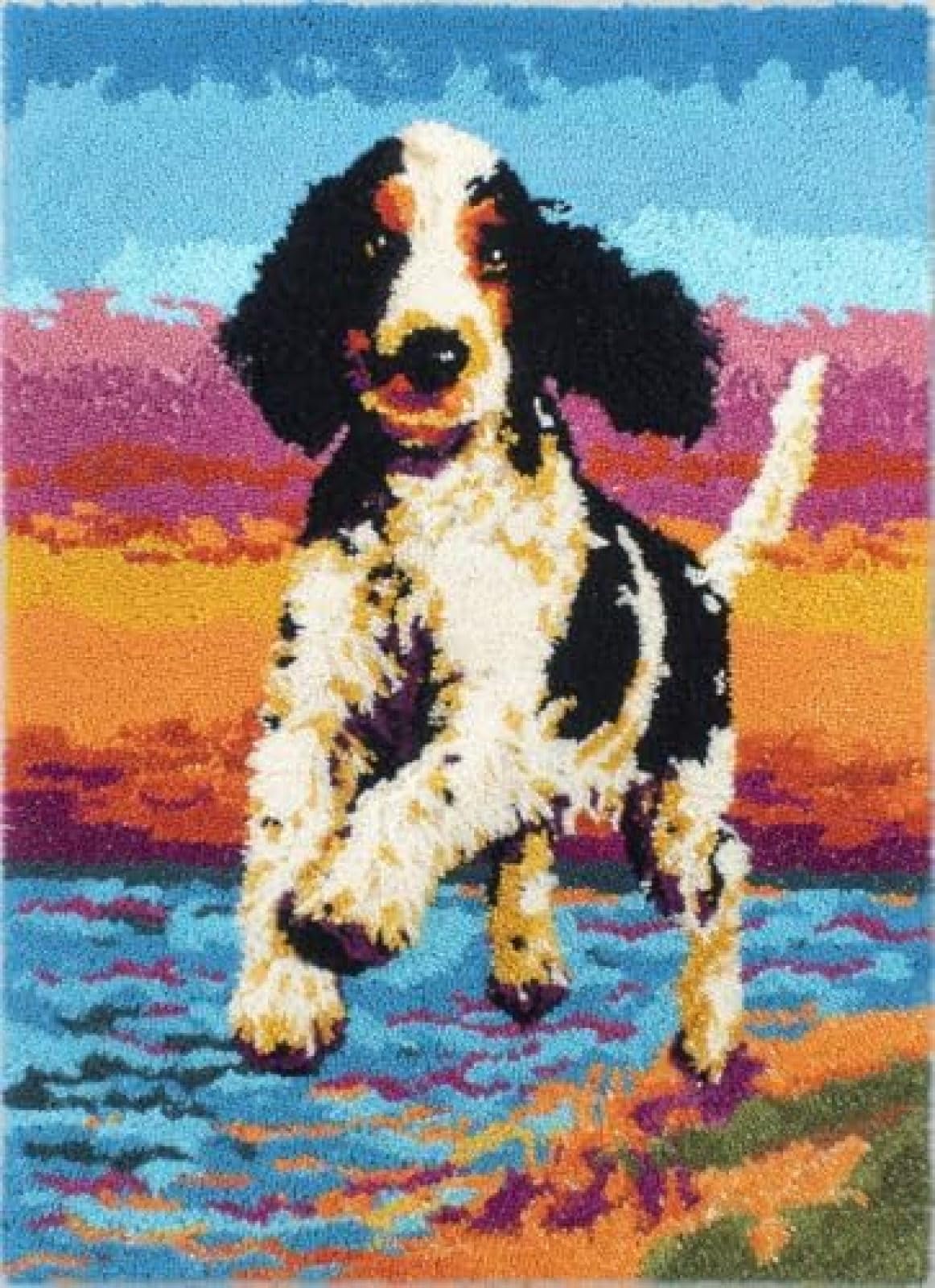 XDEGHUANGSS Latch Hook Rug Kit English Setter Dog Swimming Seaside with Pre-Printed Mat Cover DIY Cushion Crochet Yarn Hooking Craft Set for Floor Decor 38x52cm-3