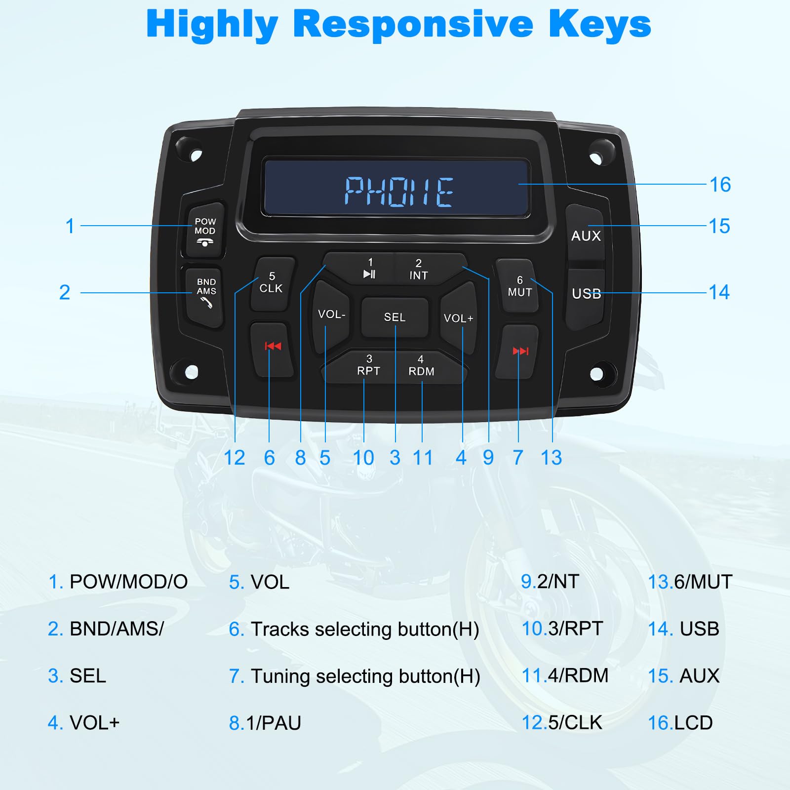 Receptor estéreo marino con radio digital para barcos, pantalla LCD HD, radio AM/FM, reproductor de MP3 para barcos, ATV, UTV