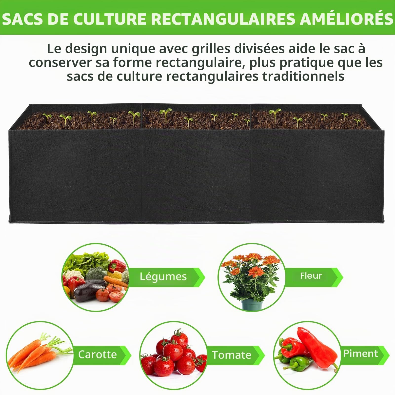 ANGELIOX Lot de 2 Sacs de Culture rectangulaires à 3 Compartiments, 400 g en Tissu épais de 400 g, Pots de Fleurs carrés Non tissés pour Fleurs, légumes, Fruits, Pots de Culture avec poignées