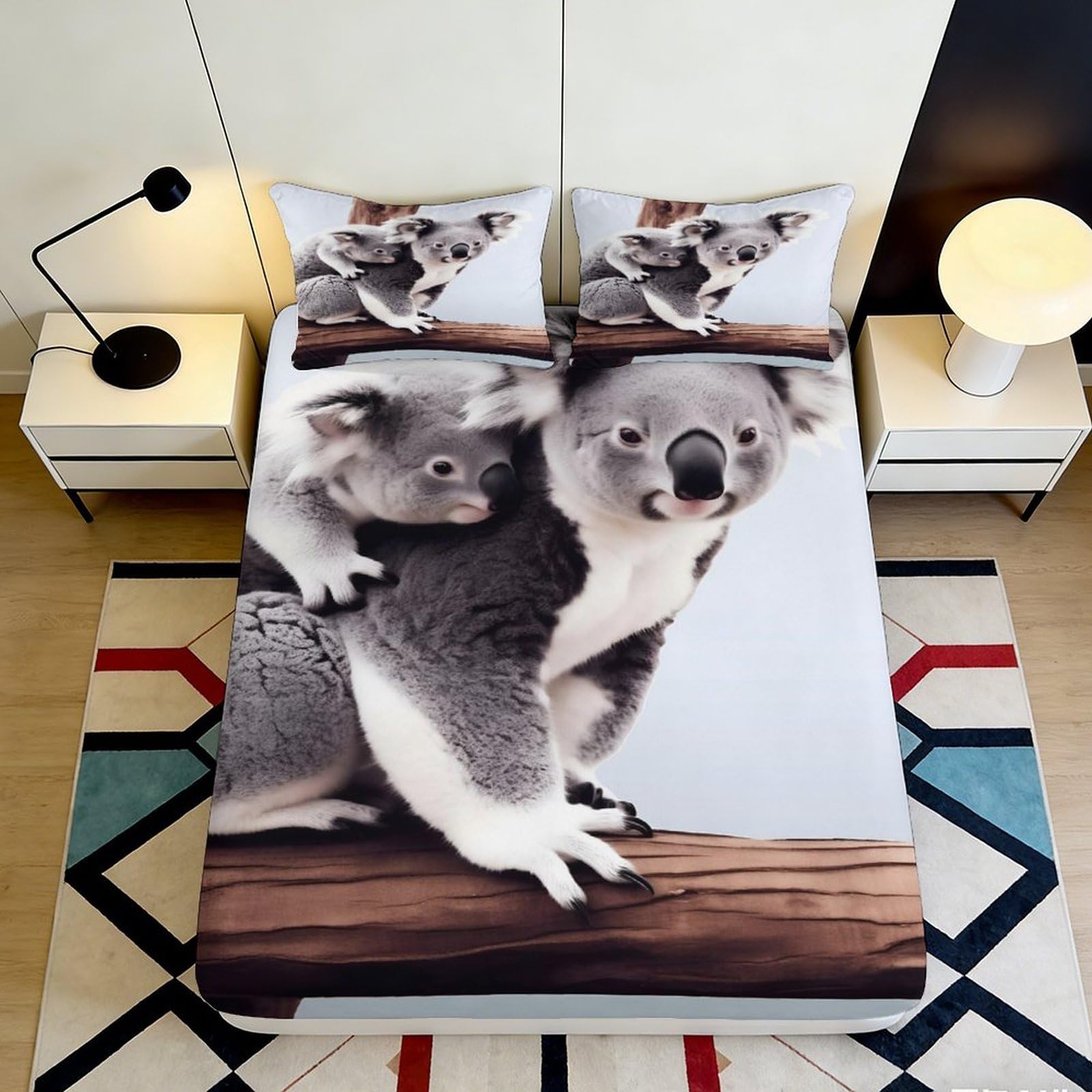 3D Printed Koala Family Fitted Sheet Microfiber Soft Grey Animal Art Mattress Cover for Bedroom Guest Room Dorm Decor 160x200x25cm