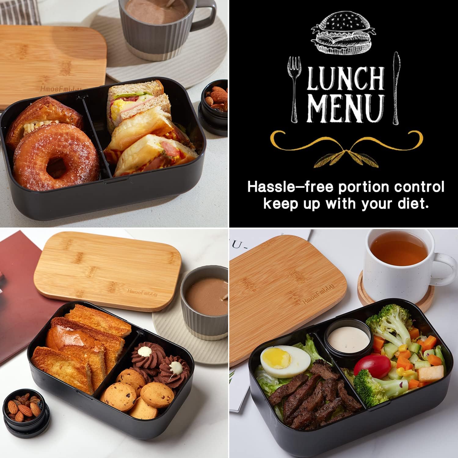 HmoeFmily Bento Box for Adults & Kids,Includes Bamboo Board Lid,Sauce Cup,Divider,Bento Box Lunch Box - Easy Wash & Dishwasher Safe & Freezer Safe,Bamboo Bento box,Food Containers : Everything Else