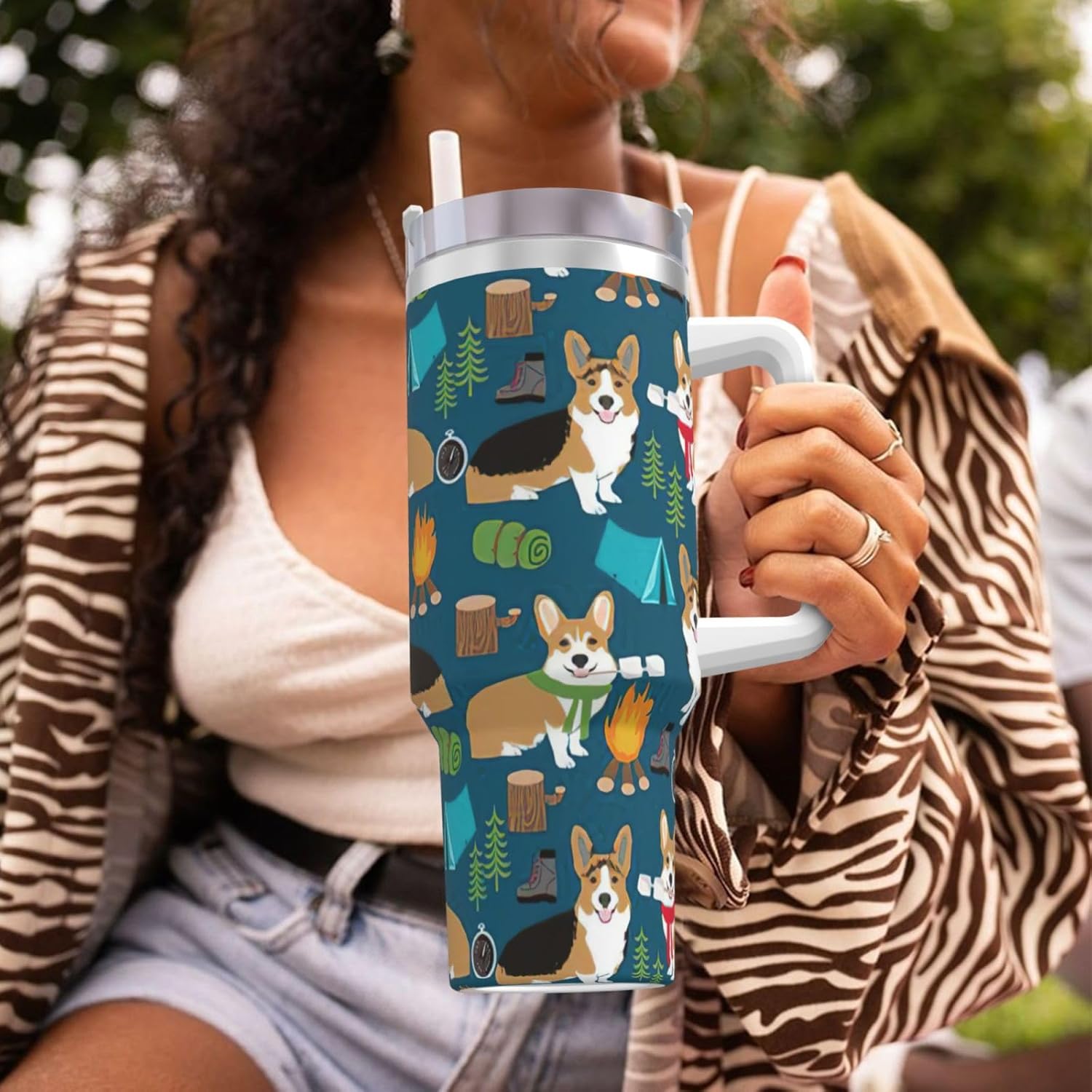 40 OZ Corgi Print Ice Bully Cup with Handle Straw Lid Straw,Stainless Steel Tumbler Coffee Cup