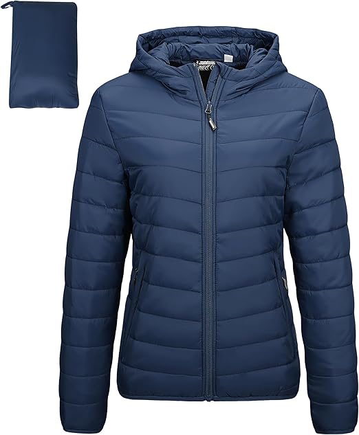 Outdoor Ventures Women's Packable Lightweight Full-Zip Puffer Jacket with Hood Quilted Winter Coat