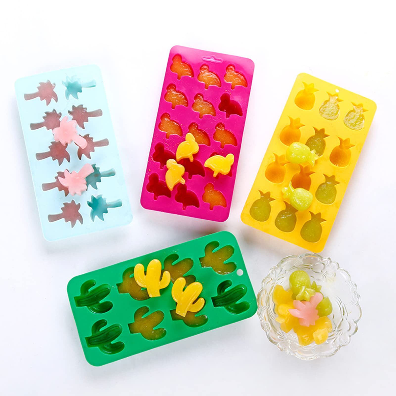 VAODO4 Pack Ice Cube Trays, Food Grade Silicone, DIY a Variety of Shapes Ice Cube Ball Maker, Such as Cactus, Pineapple, Penguin, Coconut Tree Shape, For Cocktail, Coffee, Whiskey, Champagne, Juice