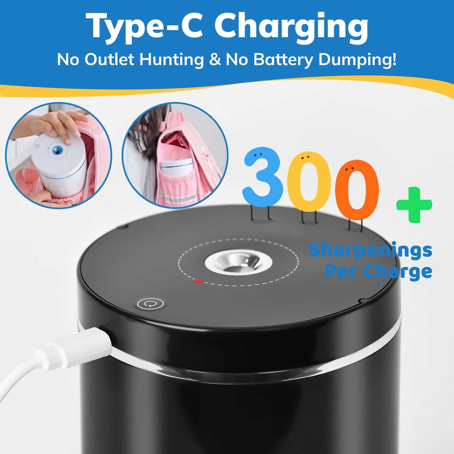 Electric Pencil Sharpener, Fully Automatic Pencil Sharpener with Auto in and Out, Rechargeable and Hands-Free for Standard 6-8mm Pencils, Perfect for Classroom (Black and Silver)