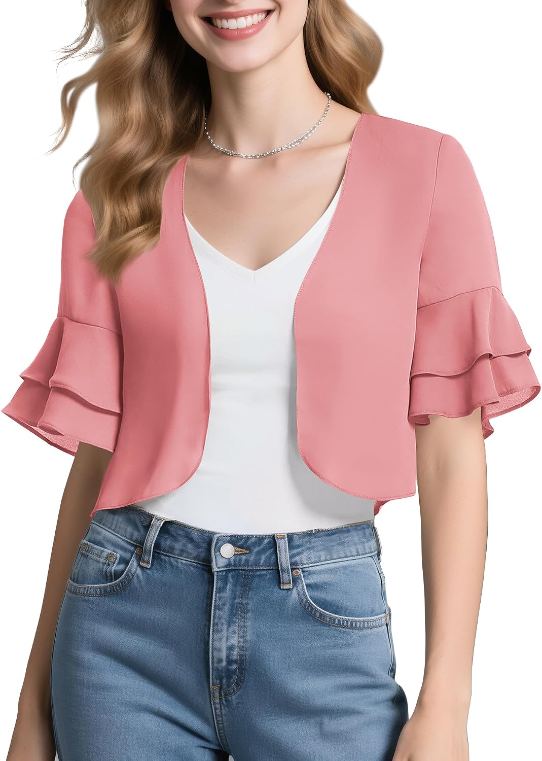 Urban CoCo Women's Sheer Chiffon Bolero Shrug Ruffle Short Sleeve Open Front Cropped Cardigan for Dresses
