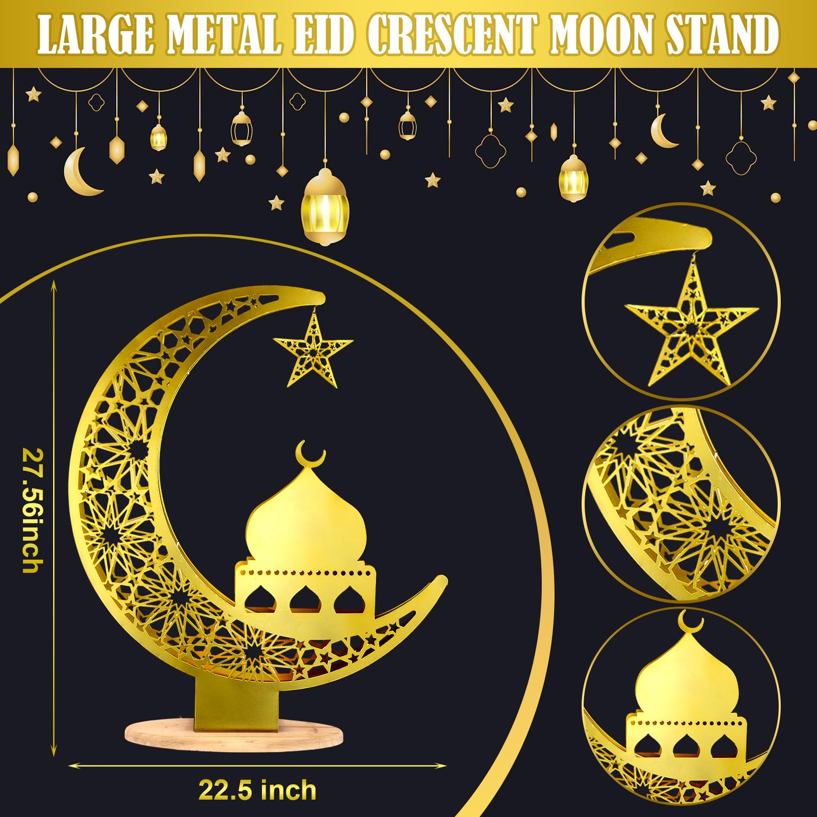 27.56 Inch Ramadan Moon Decoration, Large Eid Metal Moon Star LED Light ...