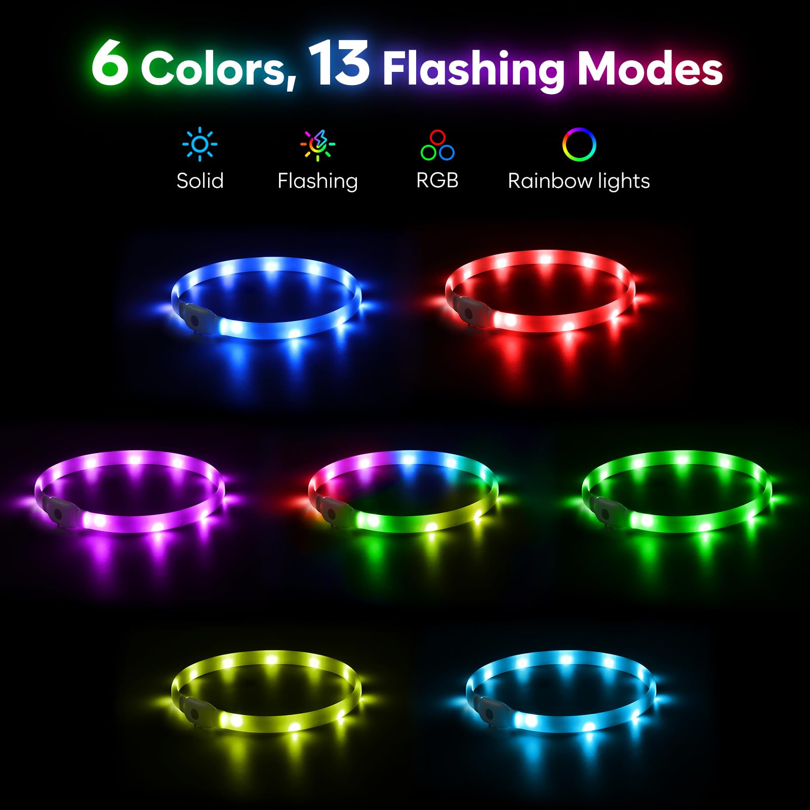 HIGO Collier lumineux LED RVB pour chien, rechargeable par USB, collier de sécurité à LED pour promener la nuit (multicolore)