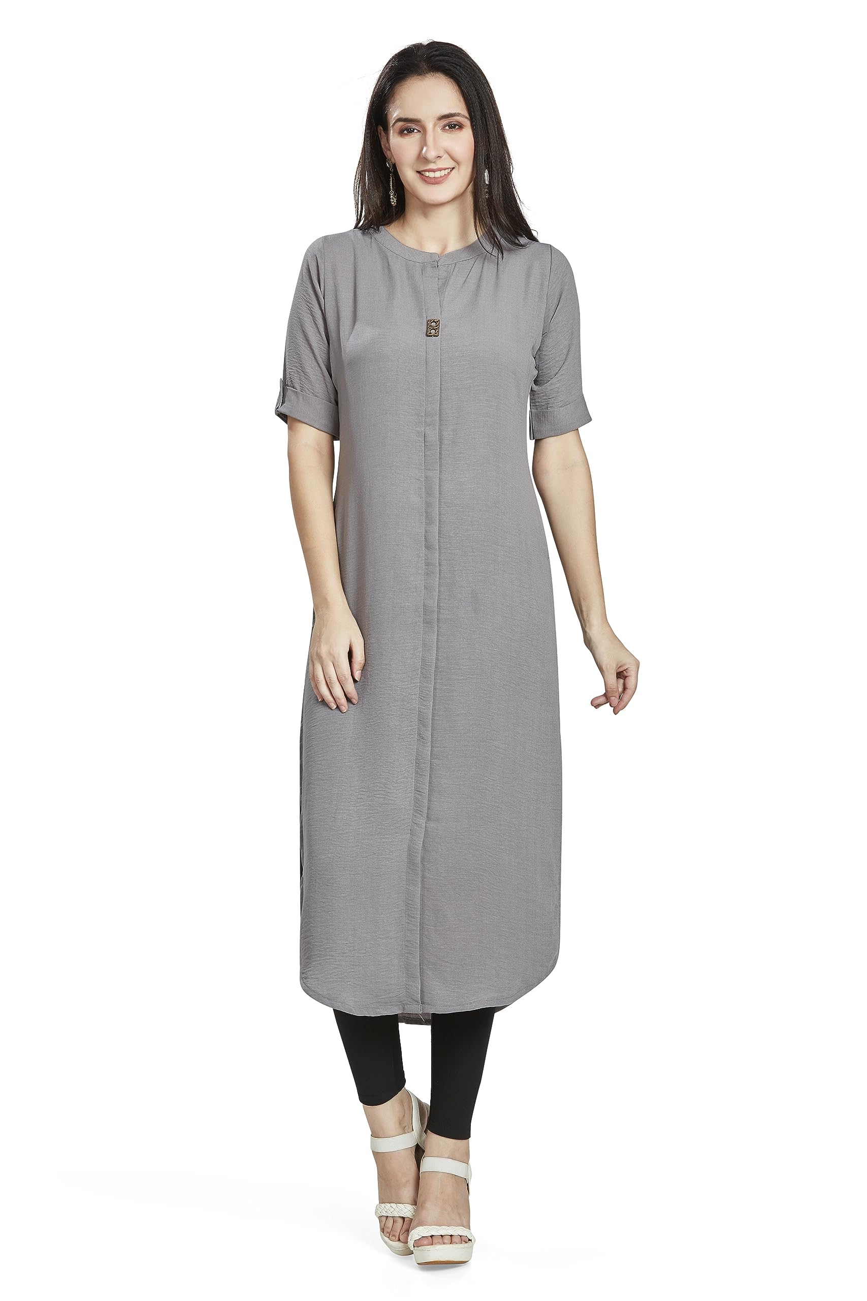 Flying Machine Women's Poly Linen Crepe Kurti for Office Wear, Casual Fit with Manderian/Round Neck Collar, Straight Cut Design and Folded Elbow Sleeves (M to 7XL) (S to 7XL) in neutral