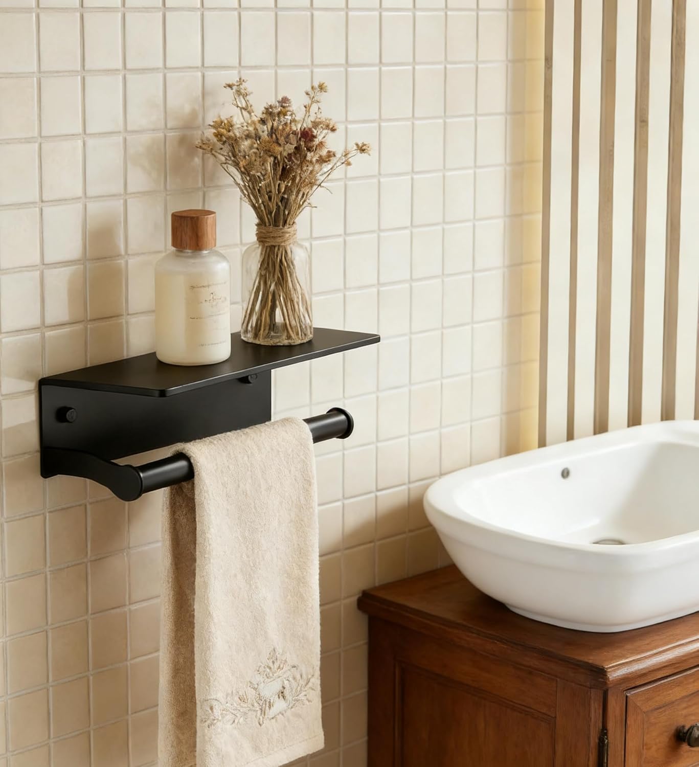 Black Paper Towel Holder Wall Mount with Thickened Shelf for Bathroom,Matte Black Adhesive Hand Towel Holder,Bathroom Kitchen RV