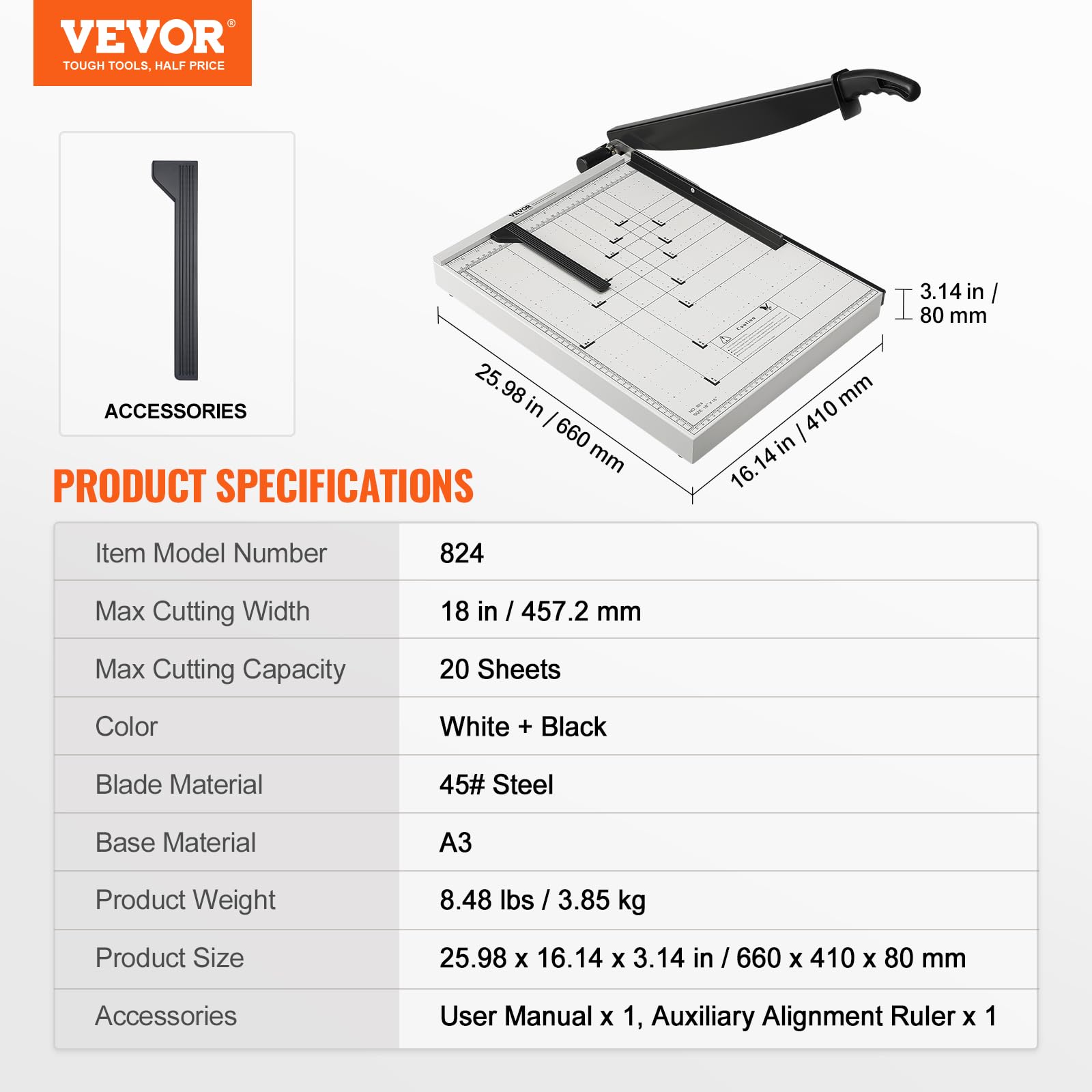 VEVOR Guillotine Papier A3 Coupe 15 Feuilles 45,7 cm avec Dispositif de Sécurité
