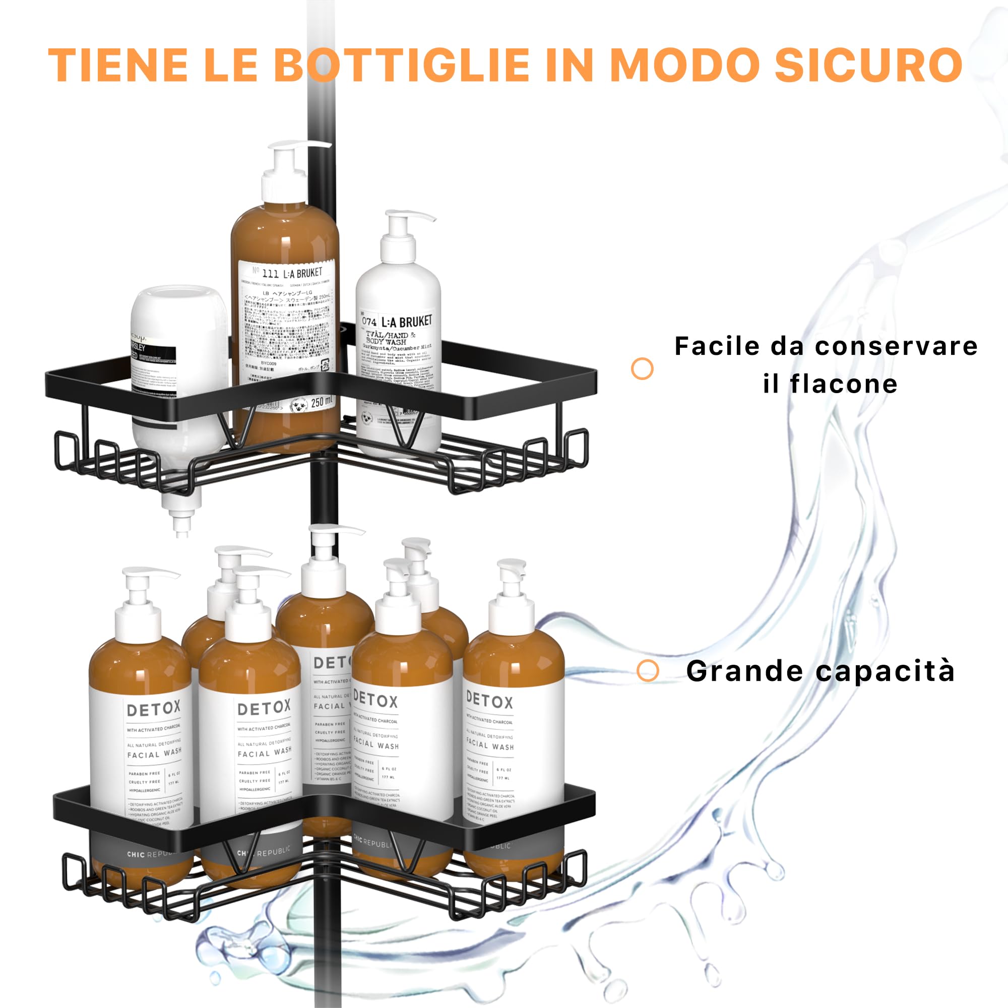 Kegii Telescopico Mensola Doccia Angolare - Portaoggetti Bagno Regolabile Portaoggetti Telescopico per Doccia con 4 Vassoi, Mensola Angolare Telescopica per Doccia e Bagno Nero