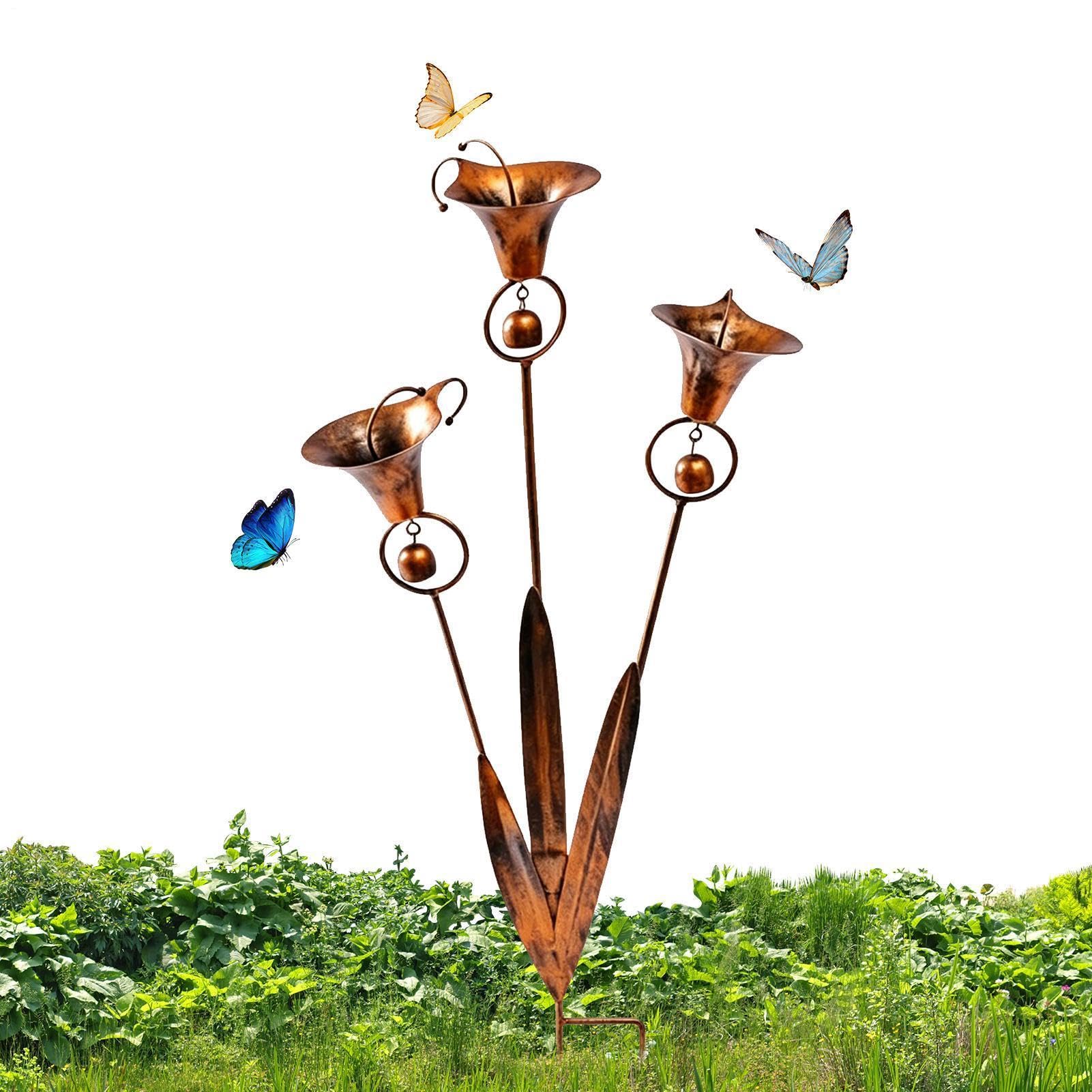 Rustic Yard Ornament - Vertical Copper Lily with Soothing Chimes | Antique Metal Finish, Ground Spike, Wind Activated Sound, Elegant Spring Decoration for Patios Walkways