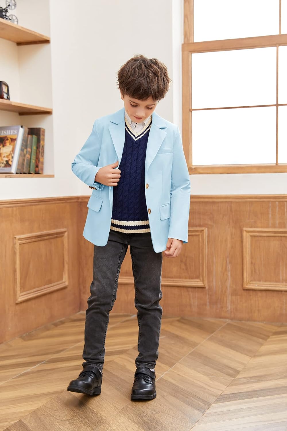 PASLTER Boys Blazer 2 Button Notched Lapel Casual Kids Teen Suit Jacket Coat School Uniform