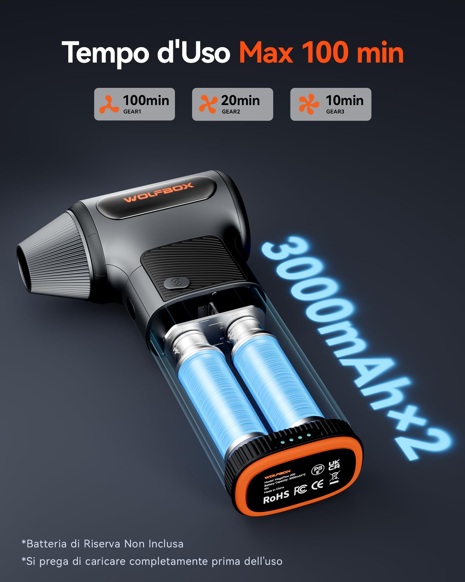 WOLFBOX MF200 Soffiatore a Batteria con Batteria Rimovibile, Soffiatore Aria Compressa Elettrico Portatile 3 Velocità 87.5 m/s, Mini Soffiatore per Pulizia PC Tastiera Auto Casa, Air Duster 4 Ugelli