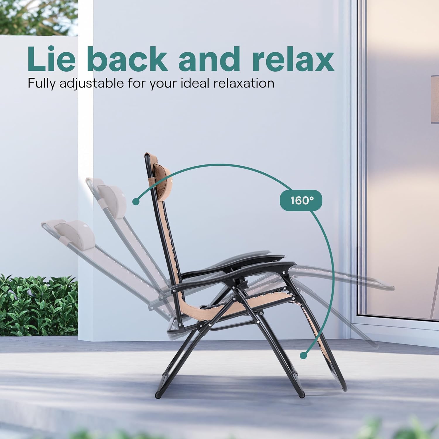 SereneLife Zero Gravity Chairs Set of 2 - Adjustable Steel Mesh Lawn Chairs - Outdoor Lounge Chairs with Detachable Cup Holder Tray - Foldable Outdoor Chair with Removable Pillows - Cream