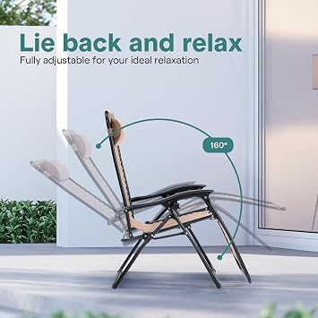SereneLife Zero Gravity Chairs Set of 2 - Adjustable Steel Mesh Lawn Chairs - Outdoor Lounge Chairs with Detachable Cup Holder Tray - Foldable Outdoor Chair with Removable Pillows - Cream