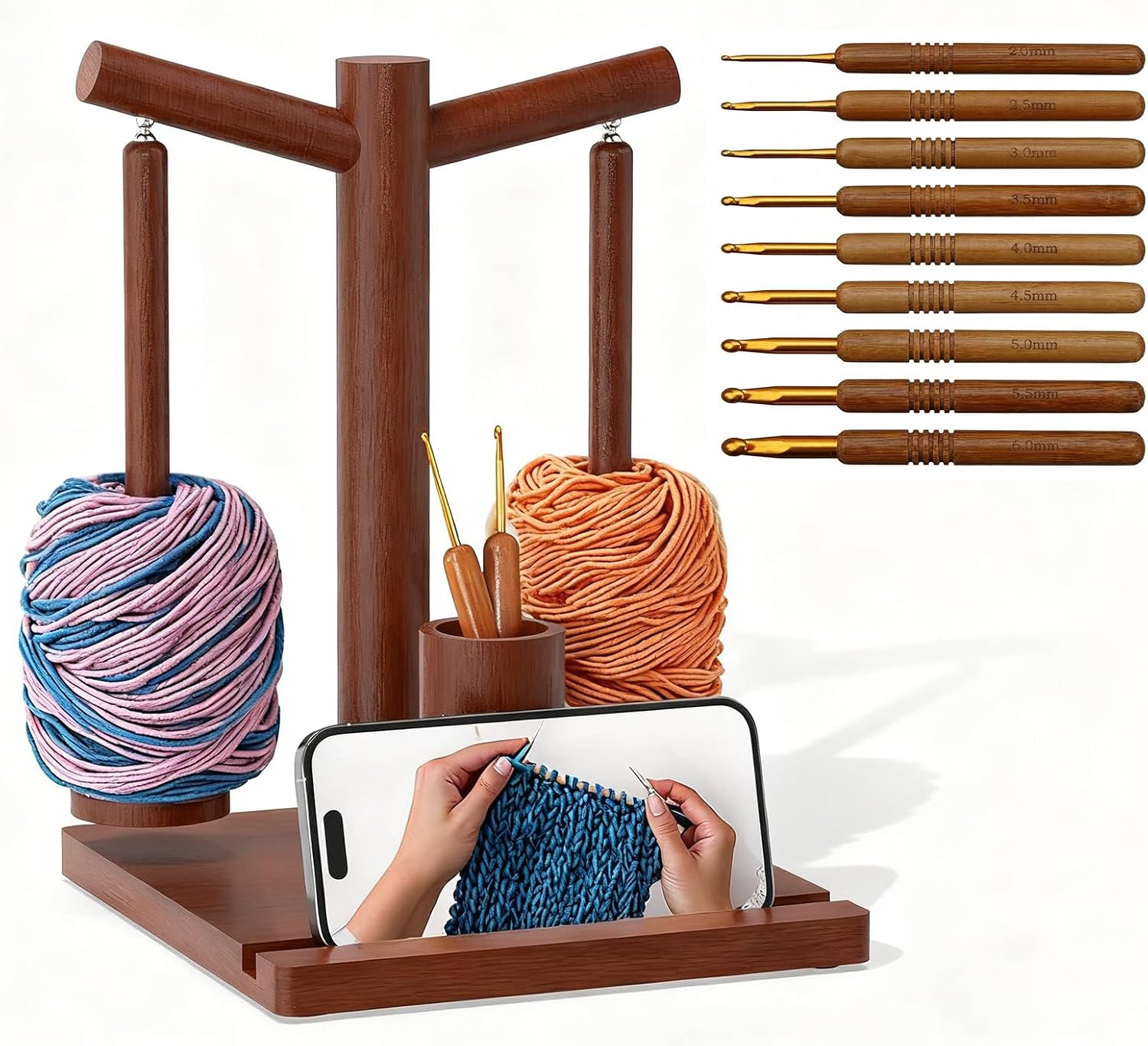 Yarn Holder for Crocheting and Knitting, Dual-Spindle with 9 Knitting Needles, 360° Magnetic Rotating Stand with Phone Holder & Accessory Storage, Beech Wood Yarn Spinner for Crafters
