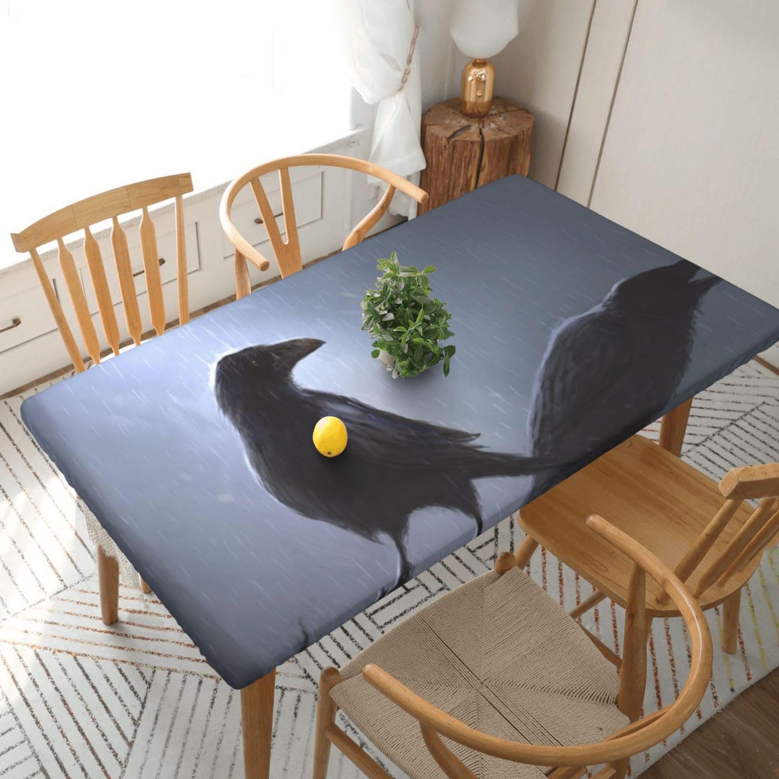 DCEHGEW Elastic Fitted Rectangle Tablecloth for 5ft Tables, Ravens Printed Oilproof & Washable Fabric Picnic Table Cloth Table Covers
