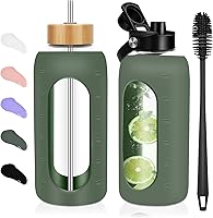 Vista 18 de Botellas de agua de vidrio de 32 oz - Vaso motivacional de 1 litro con marcador de tiempo - Vidrio de borosilicato con funda de silicona y 2 tapas
