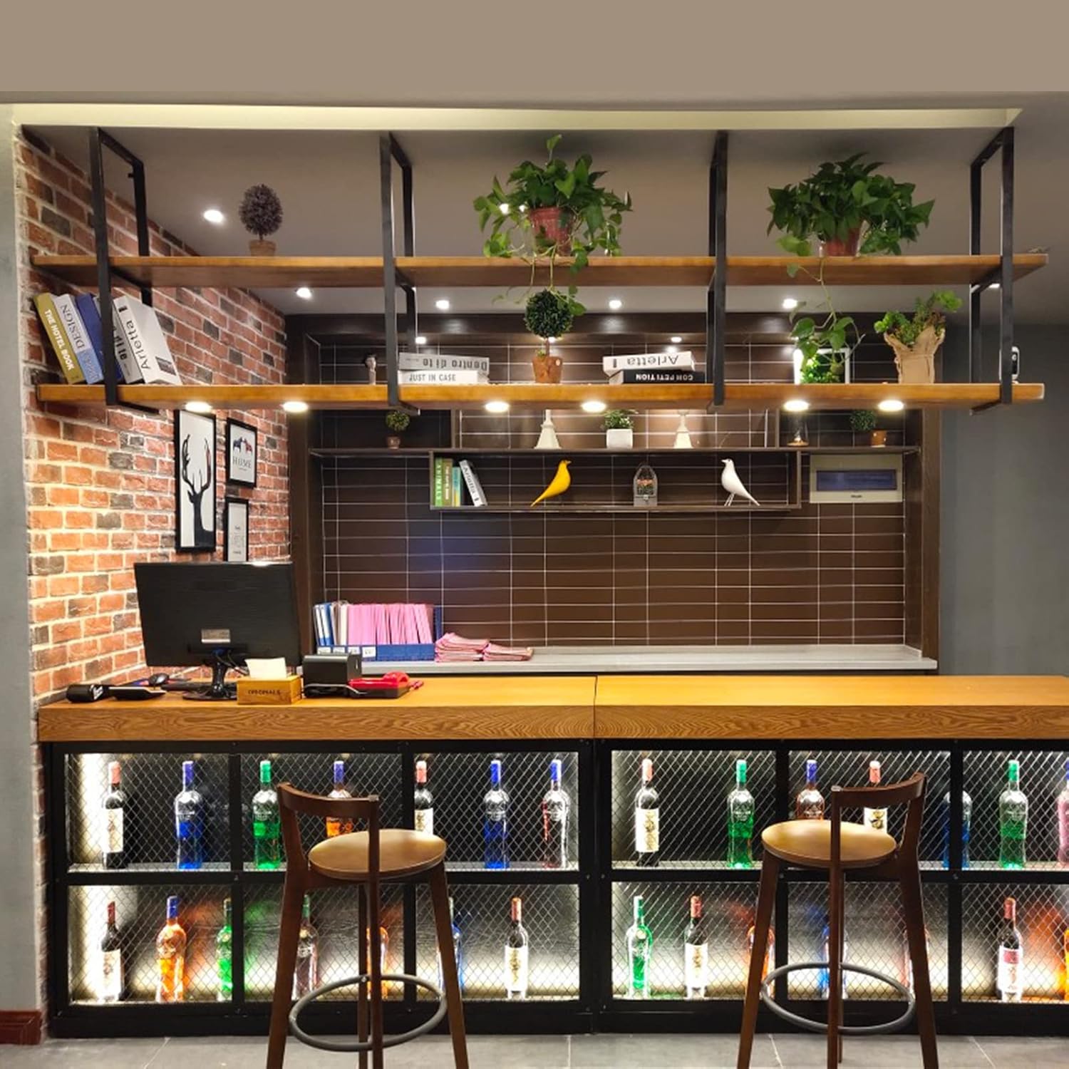 Ceiling Hanging Bar Unit Flower Stand Storage, Ceiling Hanging Kitchen Utensils Pot Pan Racks Creative Plant Railing Shelf with Solid Wood Board and Iron Frame Wall Mount, for Bar