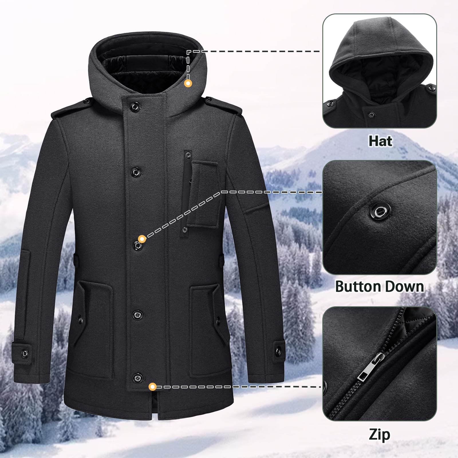 KUDORO Manteau Homme Mi-Long en Laine Chaud avec Capuche pour Hiver Trench Coat Classique Parka Pardessus Caban Slim Fit Coup-Vent Overcoat