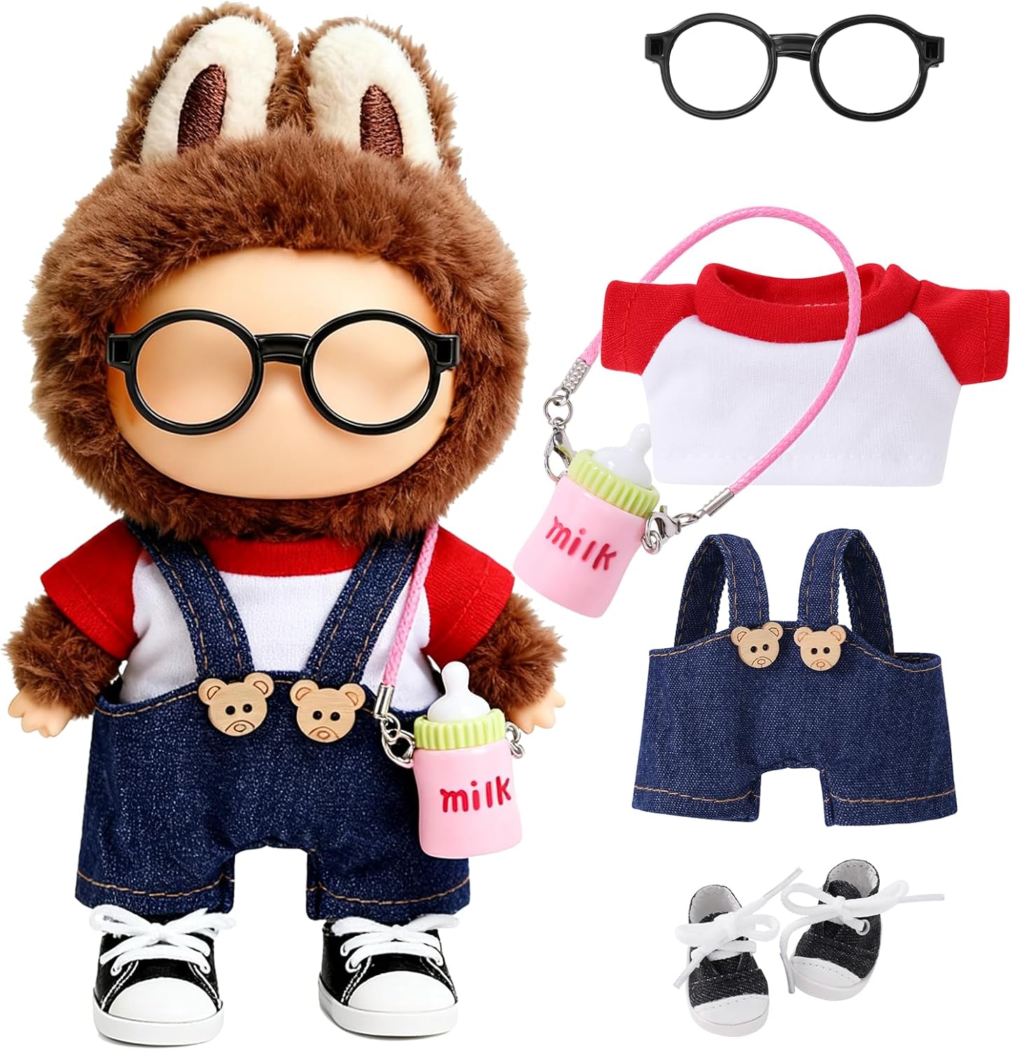 Doll Clothes & Outfit Set for Labubu Miniature 10cm Dolls, 5-Piece, Red Overalls | Kawaii Doll Accessories | Cute