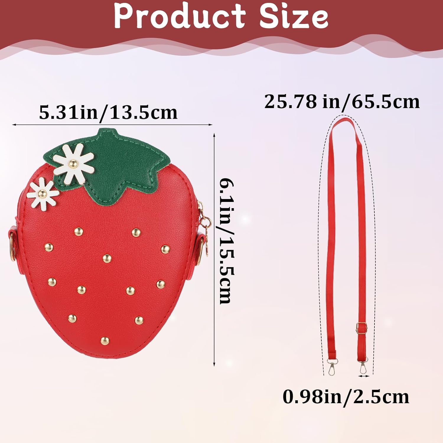 Cute Strawberry Purse with Rivets Crossbody Shoulder Bag Fruit Shaped Handbag Clutch Small Coin Pouch Wallet Birthday Gift Shoulder Bag for Little Girls (Red) - Image 2