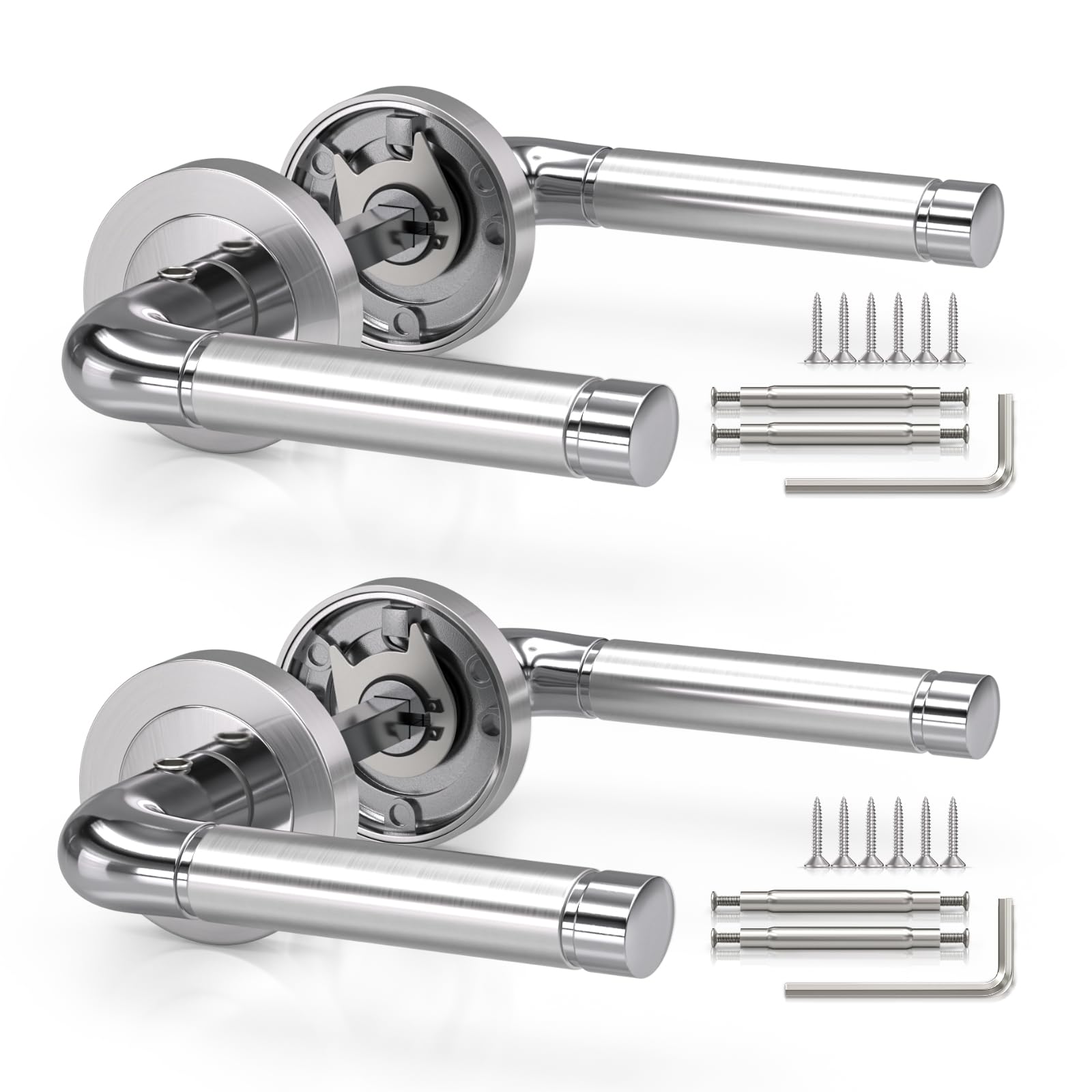 Bwintech 2 Sets Satin Chrome Minimalist Design Aluminium Lever Handle On Rose,Internal Door Handle Without Escutcheon