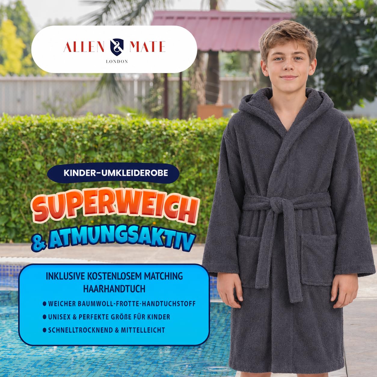 ALLEN & MATE 100% BAUMWOLLE Kinderbademantel mit Kapuze schnelltrocknend für Kinder Jungen und Mädchen Morgenmantel mit Handtuch und Taschen