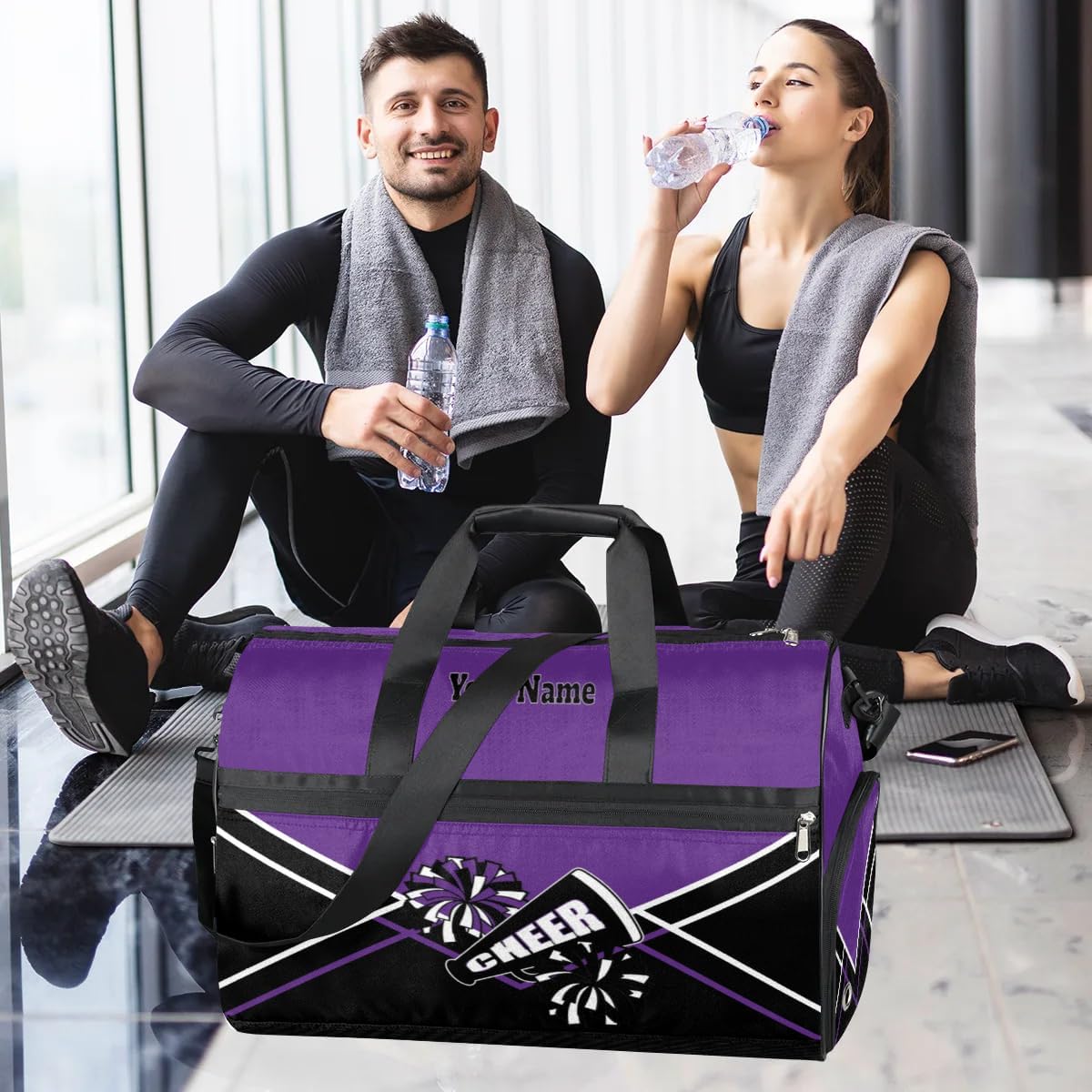 Personalized Cheer Duffel Bag Cheerleader Weekender Overnight Bag Custom Name Team Gift Lightweight Gymnastics Dance Bag Waterproof Sport Gym Travel Collapsible Carry on Tote Bag Black Purple White