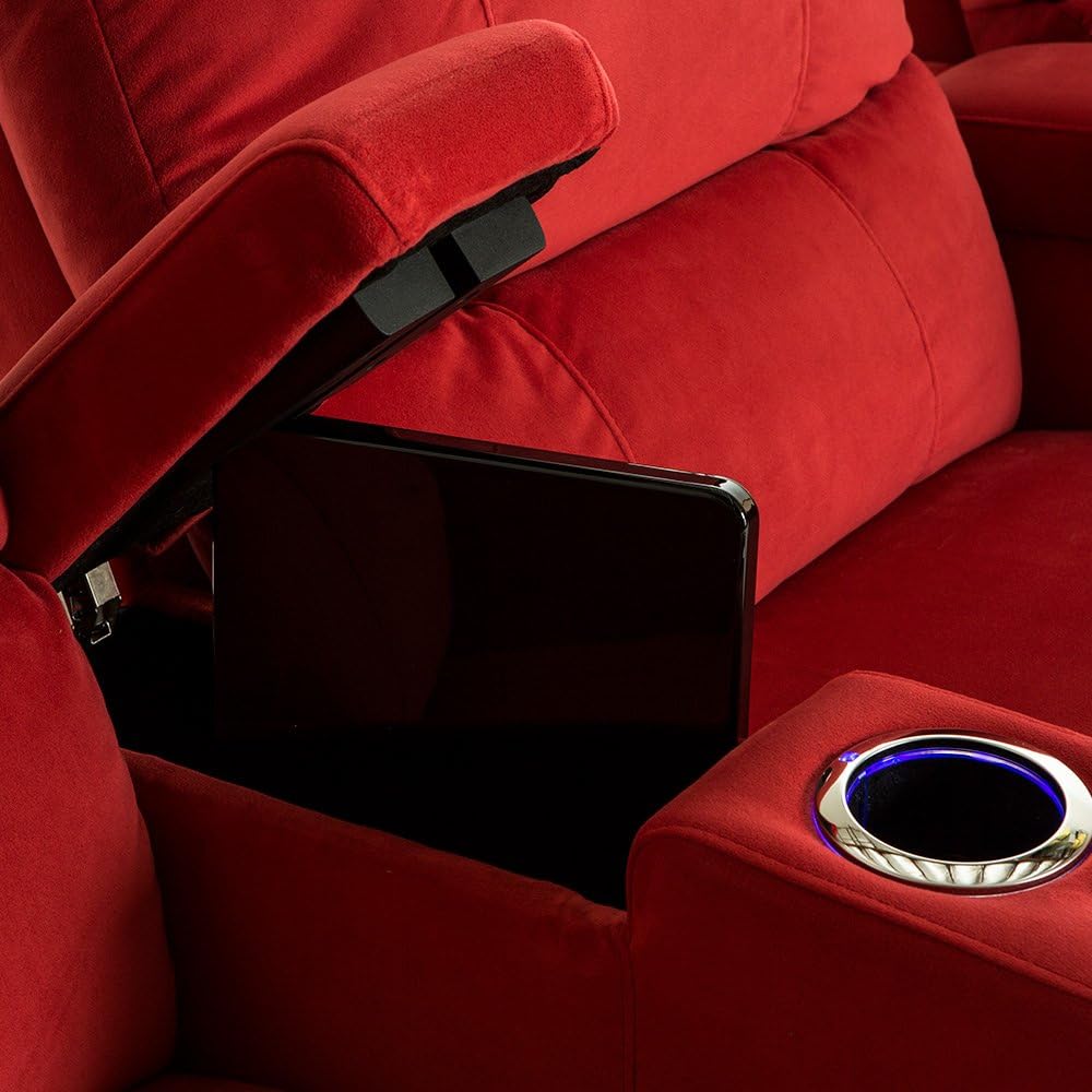 Seatcraft Aspen Home Theater Seating - Bella Fabric - Power Recline - in-Arm Storage - USB Charging - Ambient Base Lighting and Cupholders (Row of 2, Red) : Home & Kitchen