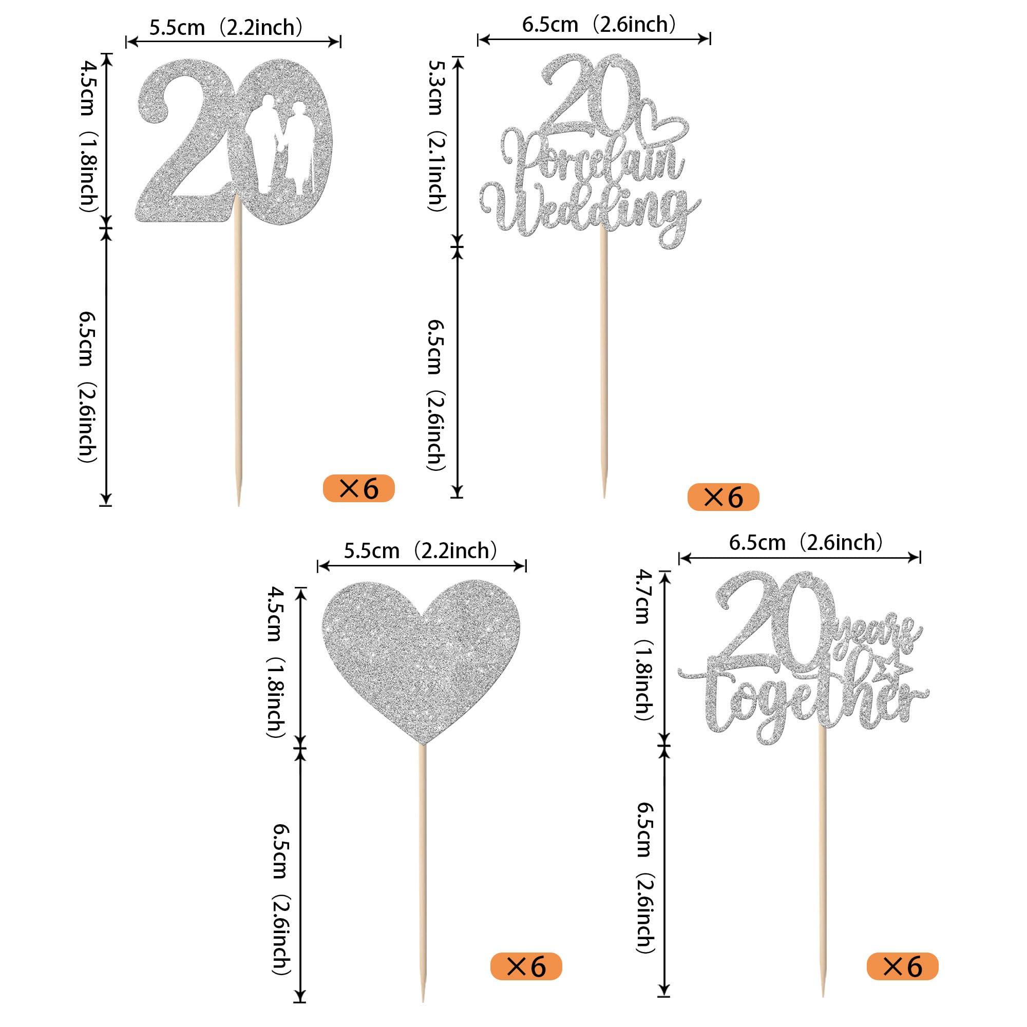 Xsstarmi 24 Pack 20 Porcelain Wedding Cupcake Toppers Sweet Heart Glitter 20 Years Together Cupcake Picks for Happy 20th Wedding Anniversary Party Cake Decorations Supplies - Image 2