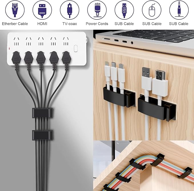 Abrazaderas adhesivas para gestión de cables bajo escritorio, 29 piezas (negro), para computadora, PC, TV y cables Ethernet miniatura 3