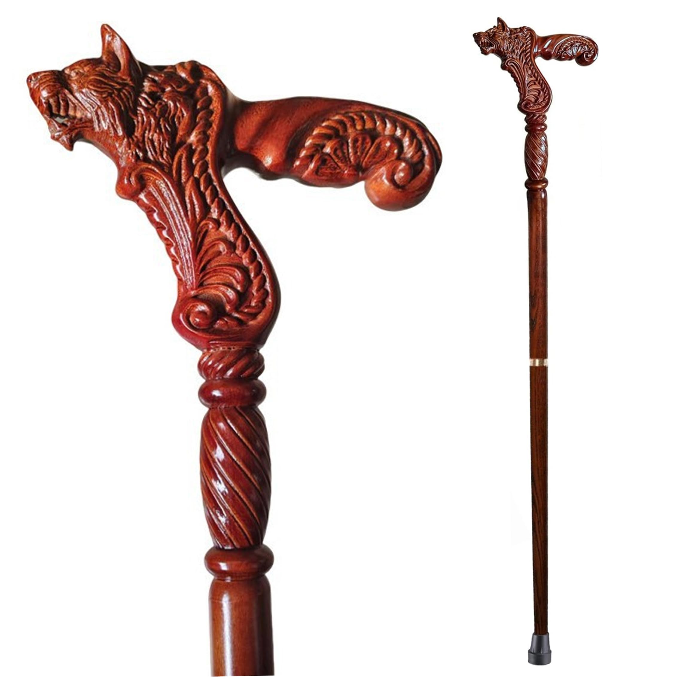 Bastón de Madera, bastón de Madera - Mango de Cabeza de Lobo Tallado a Mano de de Haya marrón Rojizo, Desmontable 90-95 cm para Hombres y Mujeres ;1
