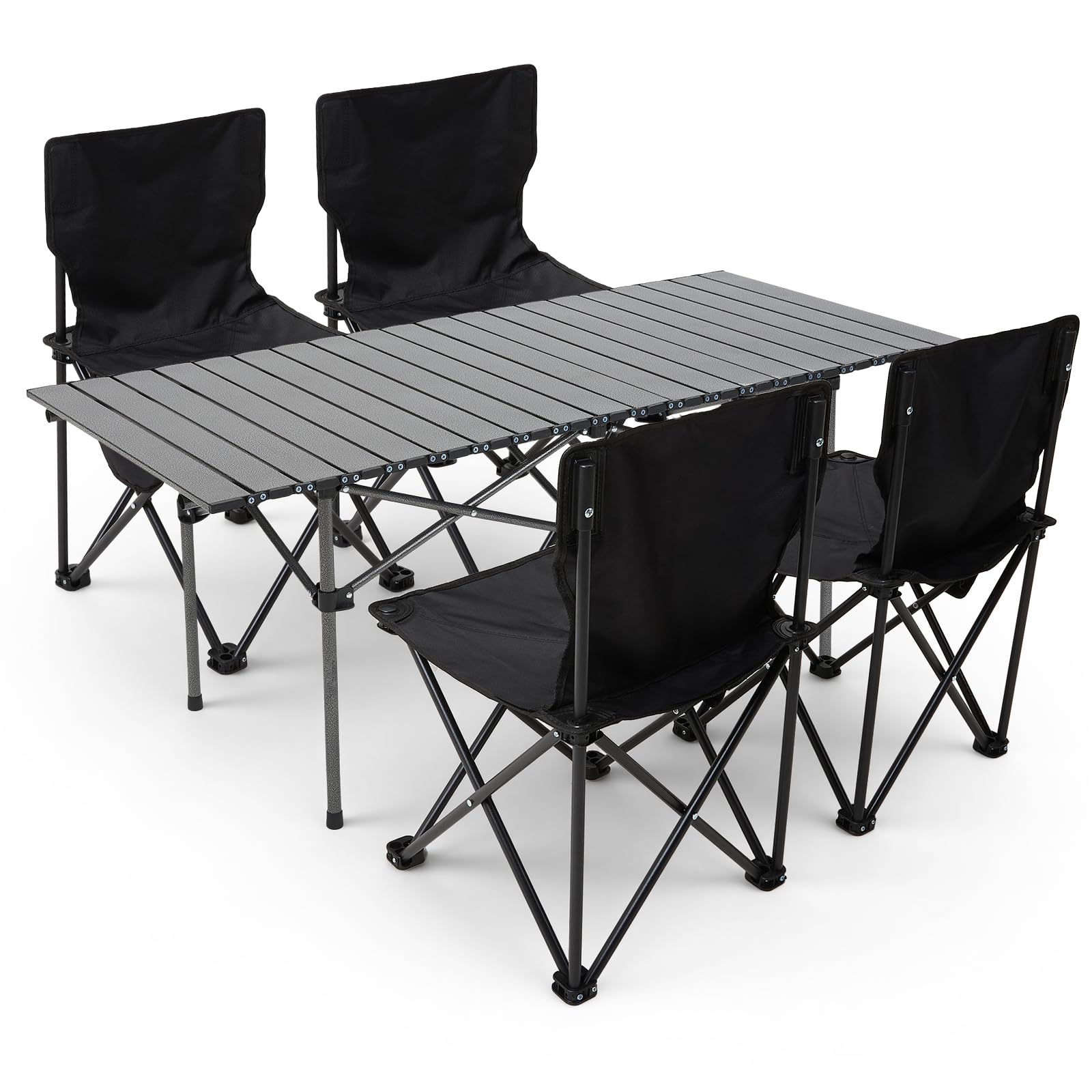 The Fellie Foldable Camping Table and Chairs Set Portable Picnic Table with 4 Chairs 120cm Aluminium Rolling Tabletop Fold up Chair with Side Pocket Camping Set with Carry Bag Indoor Outdoor BBQ,Black