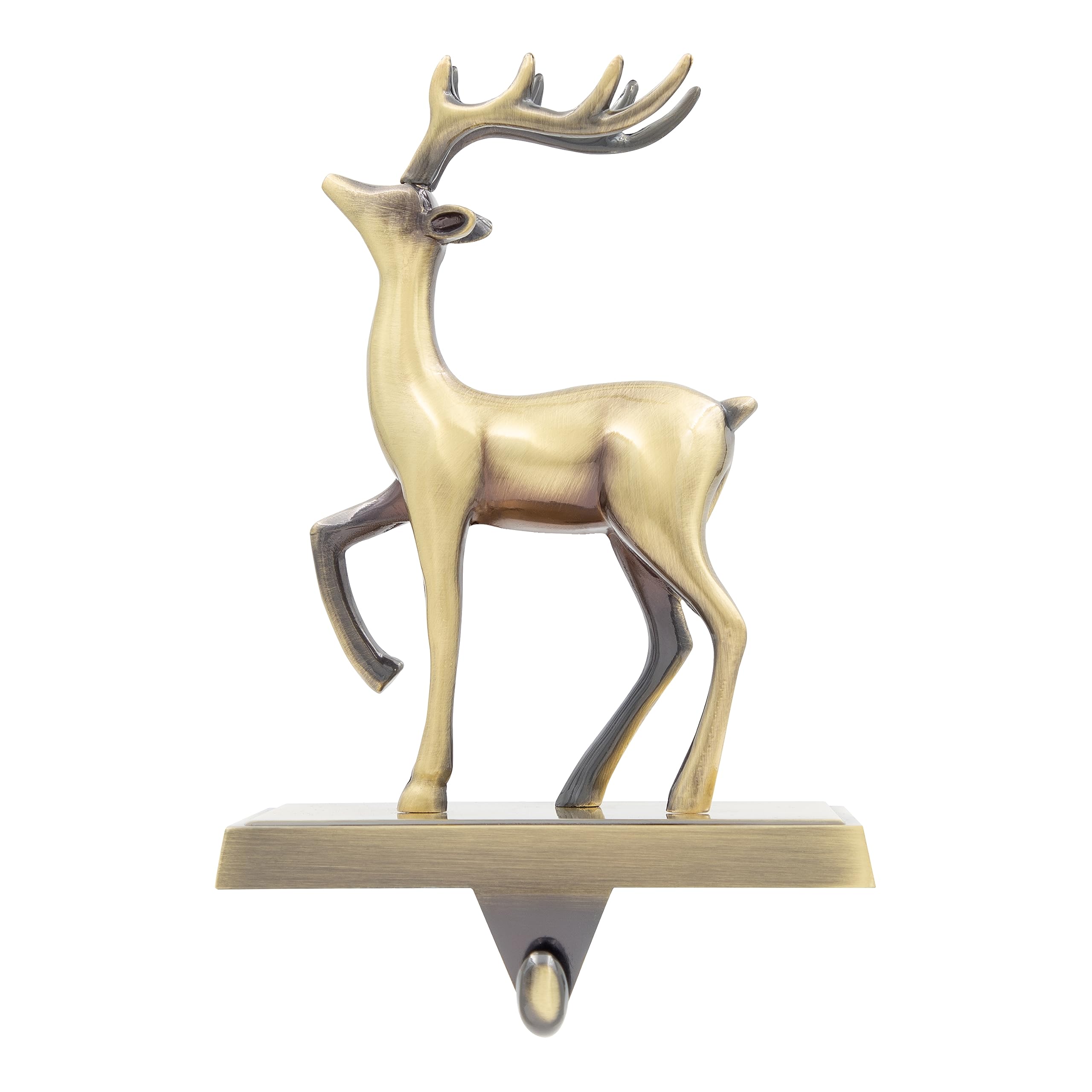 The Christmas Workshop Silver / Gold Stocking Holder/Antique Finish Hanger In Or Gold/Festive Decoration With Metal Hook And Weighted Base/Reindeer Or Christmas Tree (Gold Reindeer)