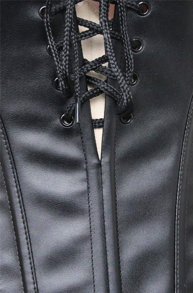 DISSA Corset Robe Simili Cuir Baleines Plastiques | Simili cuir, bretelles en dentelle, laçage avant, fermeture éclair arrière, jupe en dentelle intégrée, baleines plastiques