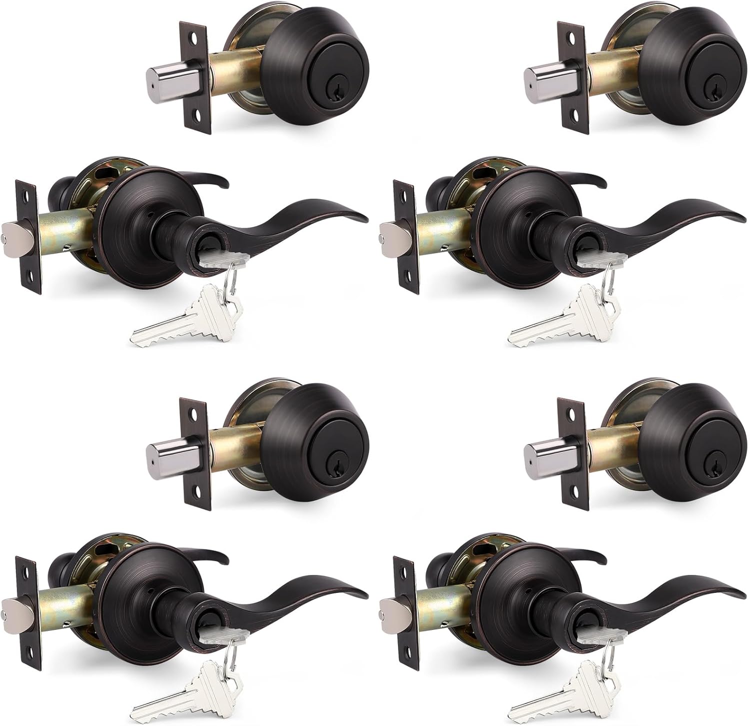 Probrico Entrance Door Lever Deadbolt Sets Oil Rubbed Bronze Entry Lever Deabolt Set, Keyed Alike Drop Lever with Single Cylinder Deadbolts Combo Pack, Exterior Gate Front Door Keyed Hardware, 4 Pack