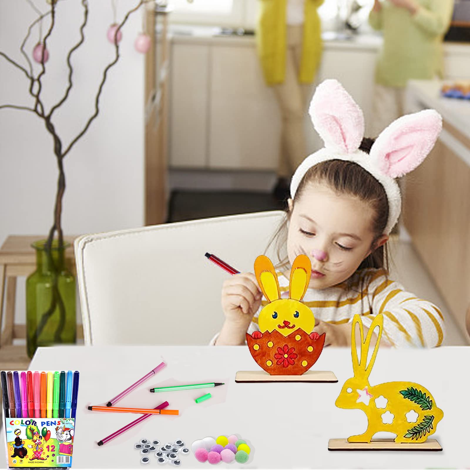 8 Lapins En Bois à Peindre - Kit DIY Pâques - Avec Pompons Et Yeux - Décoration Enfant