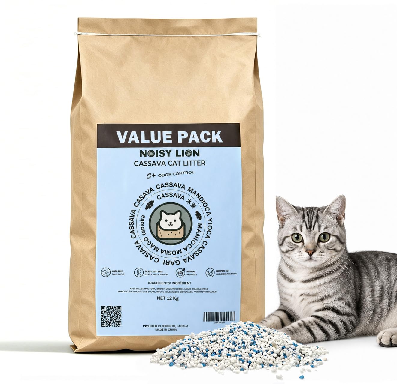 Noisy Lion 12kg cassava cat litter - unscented natural