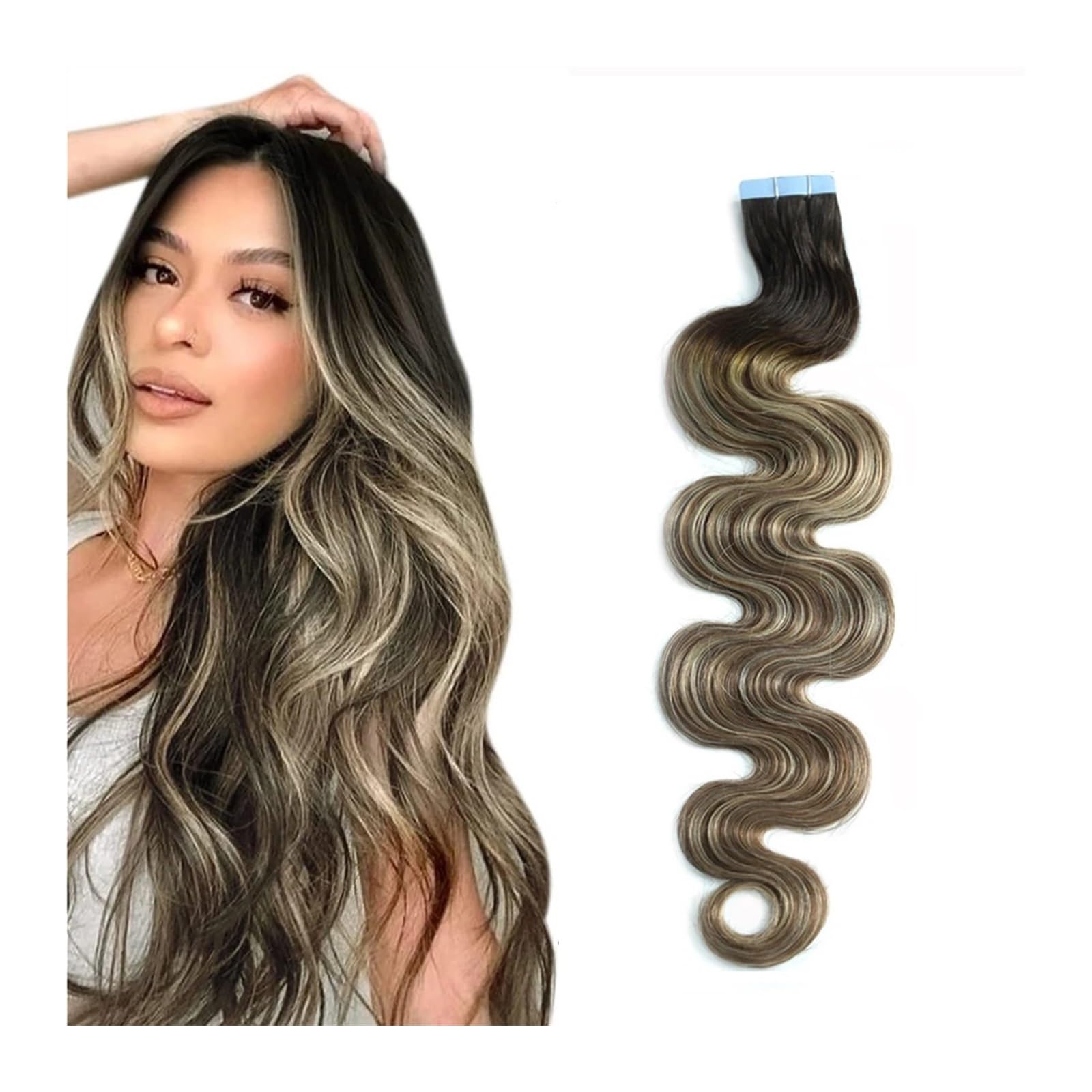 Femmes Bande de vague corps longue dans l'extension cheveux humains brun foncé Extensions de cheveux à bandes adhésives(40Pcs(100G),18 Inch)