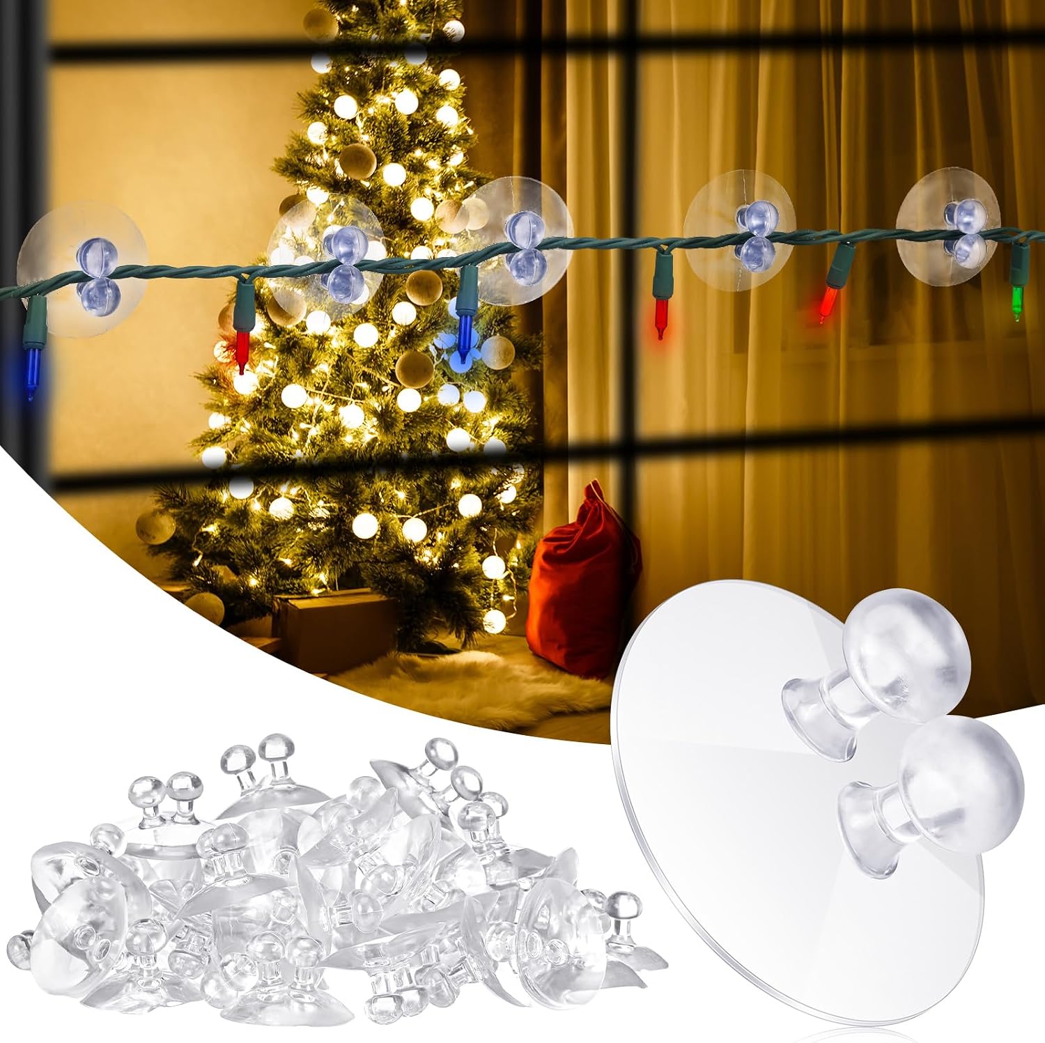 Tioncy 50 Pcs Window Suction Cups with Hooks Christmas Light Holders for C5 C7 C9 and Mini Light, Clear Suction Cup with Hooks for Xmas Hanging Decorations Window Glass Home Bathroom Kitchen