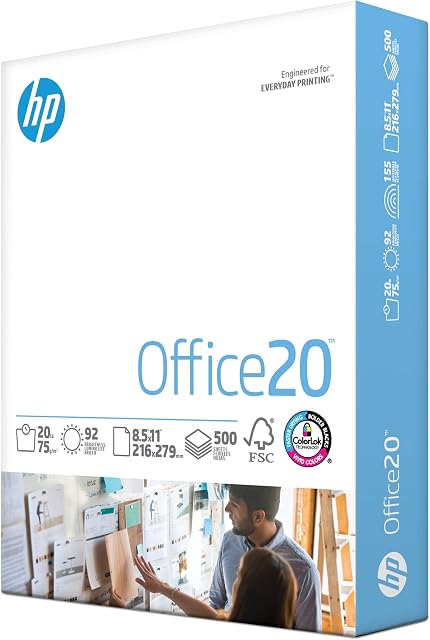 Papier d'Impression HP 8,5 x 11 Bureau 20 lb 1 Rame 500 Feuilles 92 Luminosité Fabriqué aux États-Unis Papier de Copie Certifié FSC Compatible HP 172160R