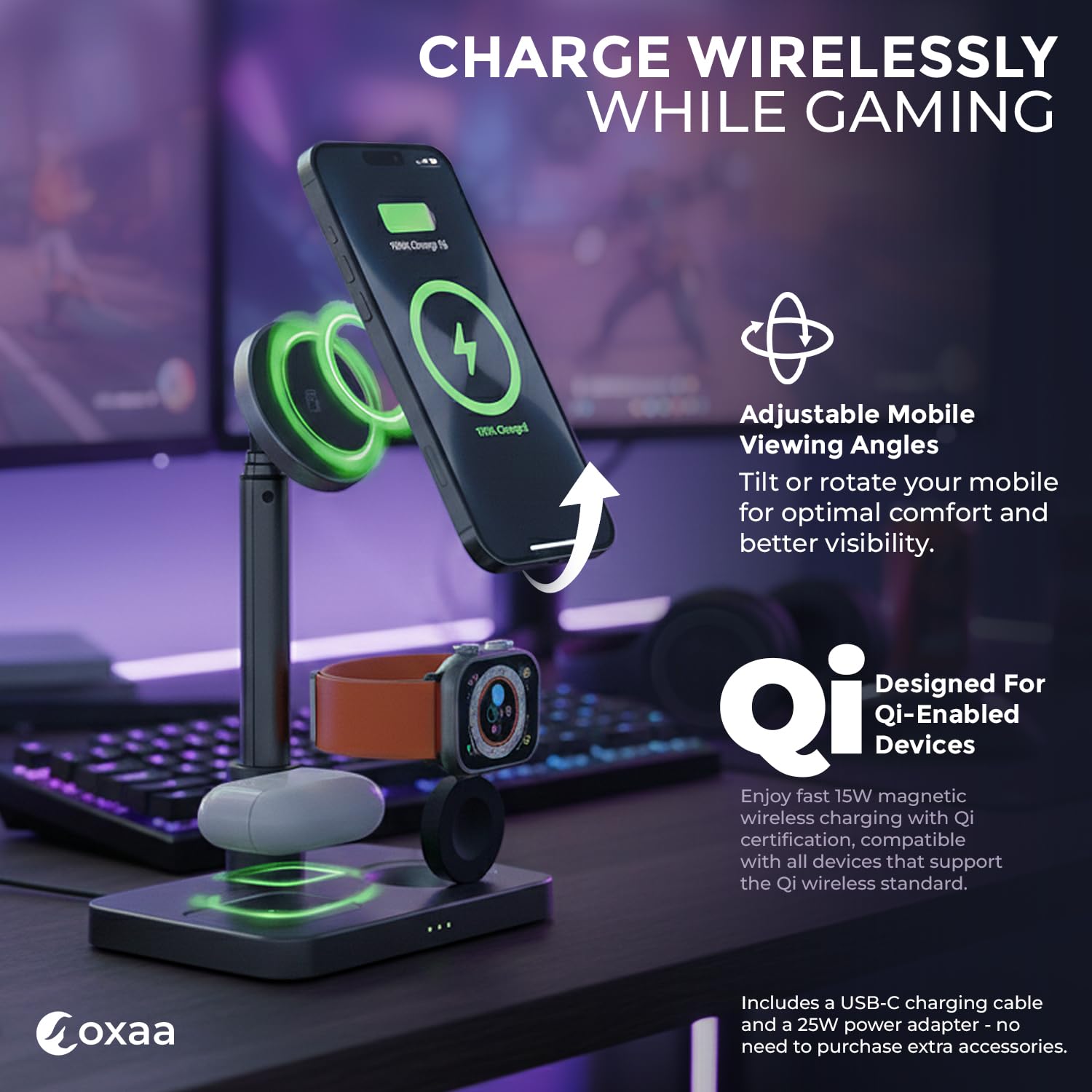 Support de chargeur télescopique 3 en 1 pour montre avec chargeur de téléphone pour iPhone, station de charge sans fil et chargeur sans fil pour appareils iOS