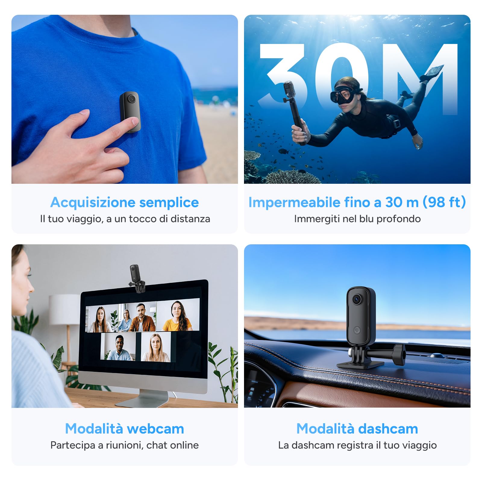 SJCAM C100Pro Mini Action Cam 4K Bodycam, 64GB, 32g, 148 Min, 120° per POV | Vlog Camera e Thumb Camera WiFi, grandangolo 120°, custodia 30 m per sport, viaggio, bici e riprese POV