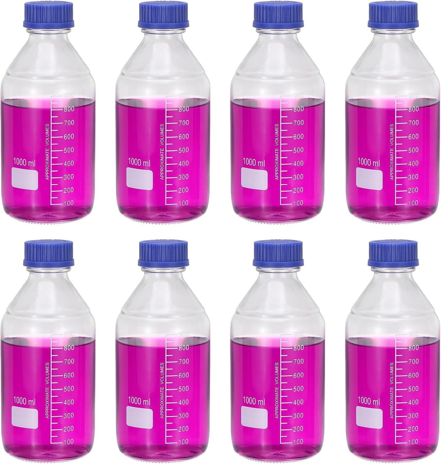 PATIKIL 8 Pack Reagent Media Storage Bottles, 1000ml Borosilicate Glass Graduated Round Bottles with GL32 Blue Screw Cap for Lab Water Reagent Liquids, Clear