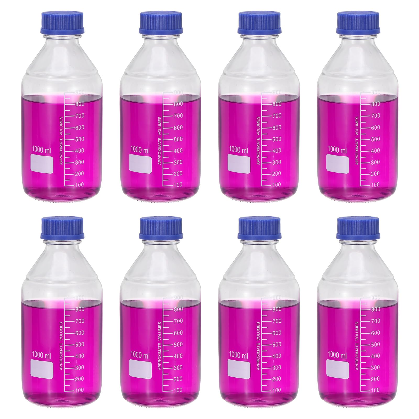 PATIKIL 8er Pack Reagenzgläser Medienlagerflaschen 1000ml Borosilikatglas Graduierte Runde Flaschen Mit GL32 hellblauer Schraubverschluss Für Labor Wasser Reagenzflüssigkeiten Klar