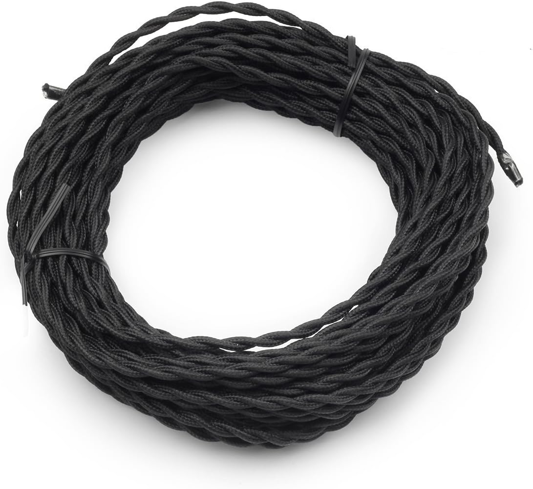 Black Twisted Cloth Covered Wire, 2-Conductor 18-Gauge Antique Industrial Fabric Electrical Cord Cable, Vintage Style Lamp Cord Strands 50 Feet
